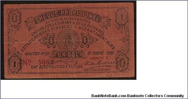 Cheque Provisional Un Sol 1921 Banknote