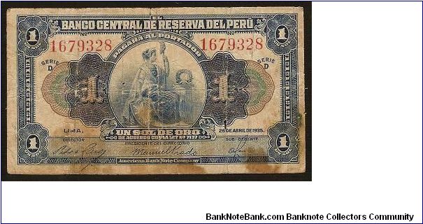 1 Sol 26-04-1935 Banco Central De Reserva Del Peru Banknote