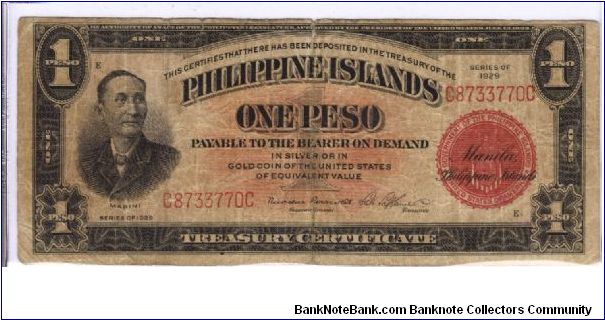 PI-73b Philippine Islands 1 Peso note with Theodore Roosevelt & Salv Lagdameo signatures. Banknote