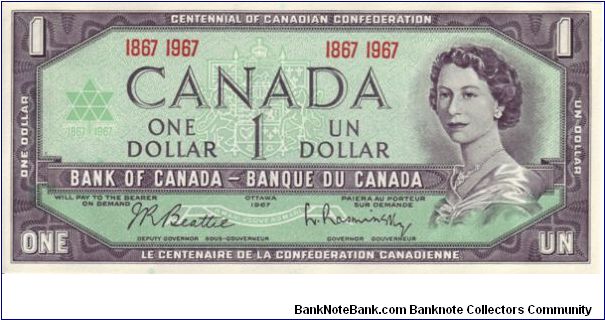 Canada $1 from 1967 celebrating the Centennial of Canadian Confederation. Banknote