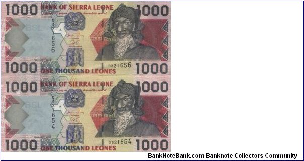 Running Series No:D321656 & D321654 

1000 Leones dated 2002 
 
Obverse:Bai Bureh & Carving Reverse:Satellite dish antenna

Watermark:BSL Lion

BID VIA EMAIL Banknote