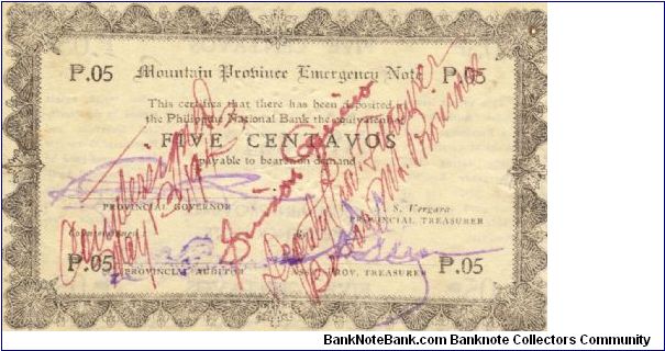 S-591 Mountain Province 5 Centavos note with red countersign signatures. Banknote