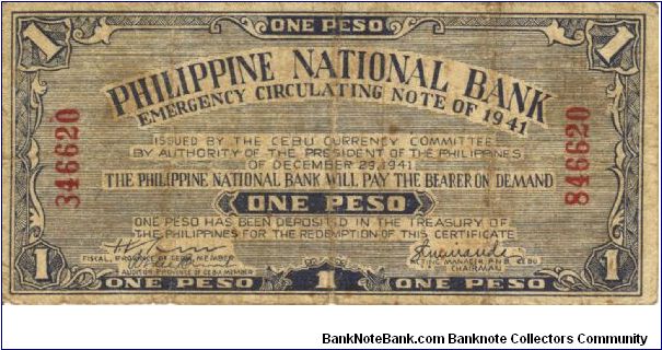 S-215 Philippine National Bank of Cebu 1 Peso note with Calubiam Leyte overprint stamp. Banknote