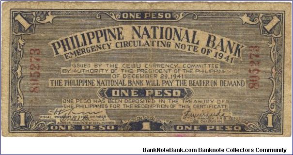 S-215 Philippine National Bank of Cebu 1 Peso note with Villaba Leyte counter stamp. Banknote