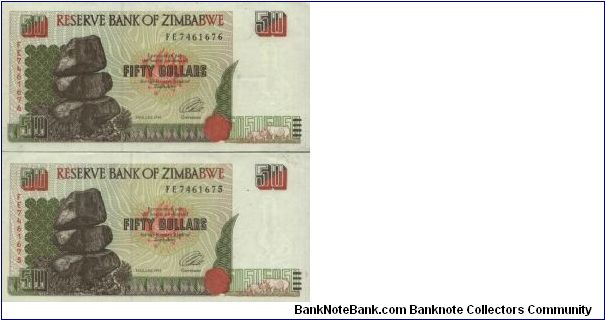 Running Series No:FE7461676 & FE7461675 
50 Dollars dated 1994, 
Reserve Bank Of Zimbabwe

Obverse:Chiremba Balancing Rocks

Reverse:Ruins

Watermark:Bird

BID VIA EMAIL Banknote