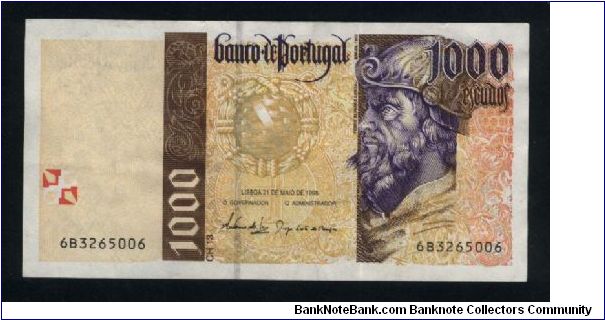 1,000 Escudos.

Pedro Alvares Cabral wearing helmet at right, Brazilian arms at center on face; old sailing ship at center, birds and animals of Brazilian jungle in underprinting on back.

Pick #188c Banknote