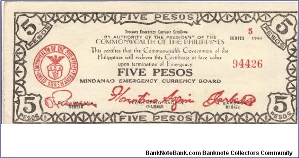 S526b Mindinao 5 Pesos note. Banknote