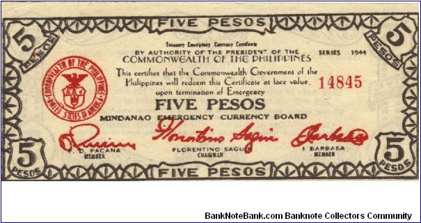 S-526a Mindanao 5 Pesos note. Banknote