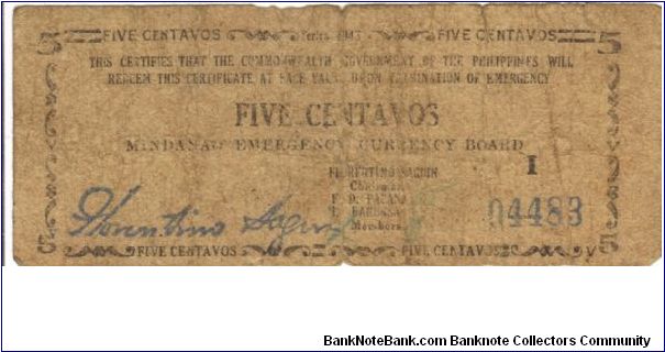 S-481a RARE Mindanao 5 Centavos note. Banknote