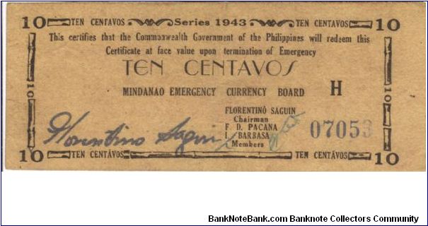 S-482a RARE Mindanao 10 Centavos note. Banknote