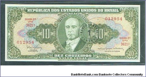 1 Centavo Overprint on 10 Cruzeiros Banknote