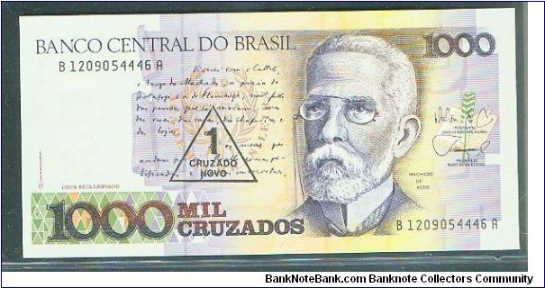 1 Cruzado Novo  ovpt on 1000 Cruzados Banknote