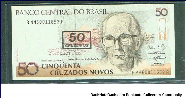 50 Cruzeiros ovpt on 50 Cruzados Novos Banknote
