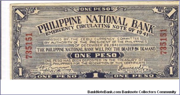 S-215 Philippine National Bank 1 Peso note with Mati Davao counterstamp on reverse. Banknote