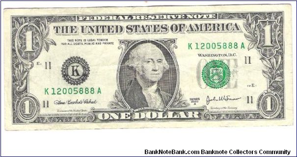 USA Dallas 2003 $1
Special number:
1-2005-888 (January 2005 and Lucky Number) Banknote