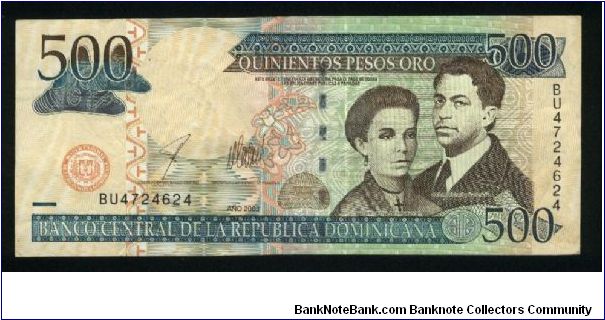 500 Pesos.

Salome Urena de Henriquez and Pedro Henriquez Urena at right on face; Banco Central building at left on back.

Pick #172 Banknote