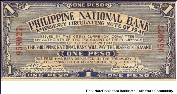 S-215 Cebu 1 Peso note. Banknote