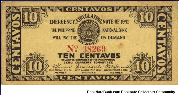 S-212 Cebu 10 Centavos note. Banknote