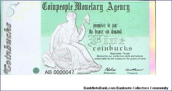 Coinpeople Monetary Agency 5 Coinbucks 2005 Banknote