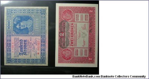 1000 Kronen(1922) & 2 Kronen (1917) Banknote