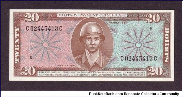 $20 MPC 
Series 681 

obv: Soldier

rev: B52-G 'Stratofortress' Bomber Banknote