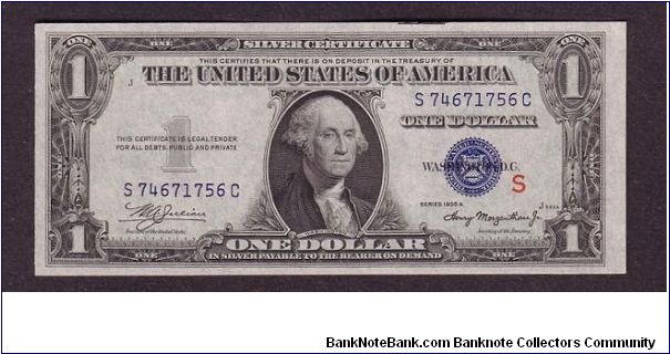 $1 Experimental
red S

Silver Certificate

obv: George Washington, (Army General, President 1789-1797)

rev: Great Seal, Denomination Banknote