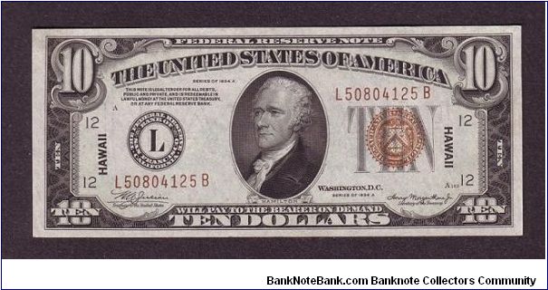 $10 WWII
hawaii

Federal Reserve Note

obv: Alexander Hamilton, (Continental Congressman, Secretary of the Treasury Under George Washington)

rev: Treasury Building, HAWAII Overprint Banknote