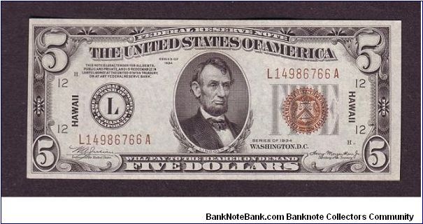 $5 WWII
hawaii

Federal Reserve Note

Mule

Federal Reserve note
obv: Abraham Lincoln, (President 1861-1865)

rev: Lincoln Memorial, HAWAII Overprint Banknote