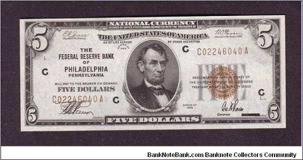 $5 FRBN
philadelphia, pa

National Currency

obv: Abraham Lincoln, (President 1861-1865)

rev: Lincoln Memorial Banknote