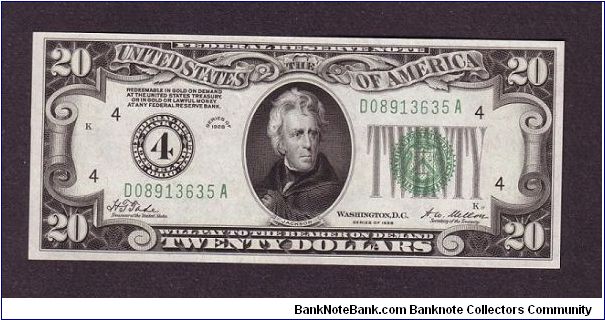 $20 Numeral
federal reserve note

obv: Abraham Lincoln, (President 1861-1865)

rev: Lincoln Memorial Banknote