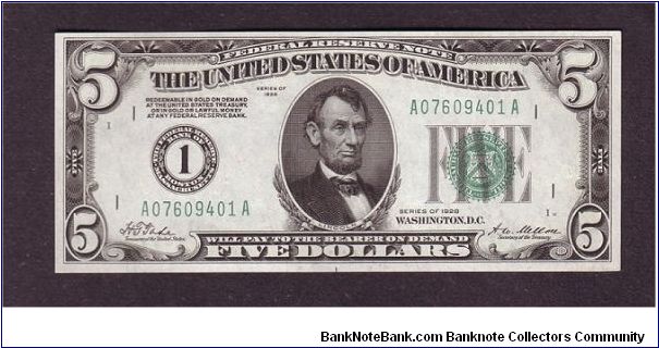 $5 Numeral
federal reserve note

obv: Abraham Lincoln, (President 1861-1865)

rev: Lincoln Memorial Banknote