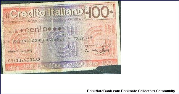 A bank type check from Trieste Banknote