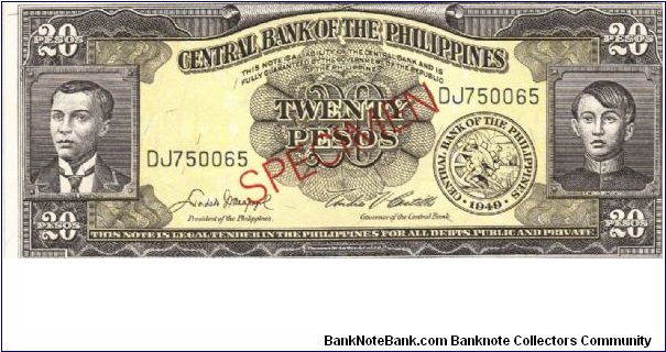 Philippine English series 20 Pesos Specimen note with DJ prefix. Banknote