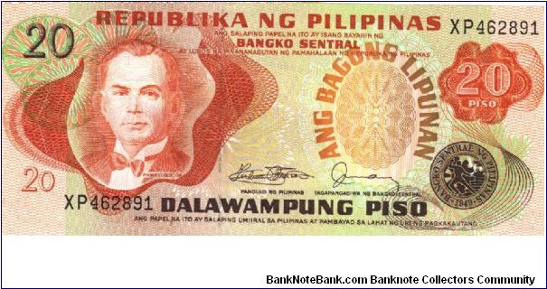 Philippine 20 Pesos note with signature group 10. Banknote