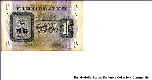 British Authority Notes for use in North Africa

Series 'A' 1943 
1/- Purple/Gray
Front Value & Script in English, Crown with Lion on
Rev Fancy Cachet with Value
Security Thread Banknote