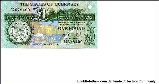 £1 THE STATES OF GUERNSEY
Treasurer D M Clark
Front Seal/Street Market 
Rev D Liselbrock Bailiff of Guernsey 1762/1842
Watermark seems to be D Liselbrock Banknote