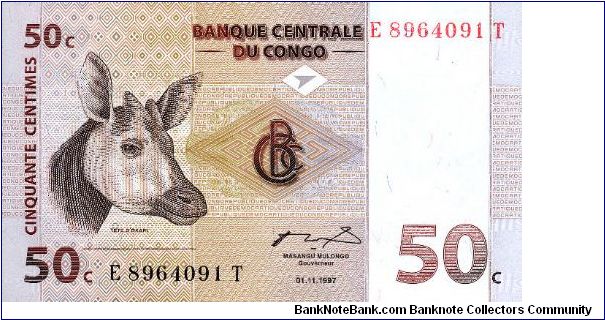 Okapi on front. Family of okapis on back Banknote
