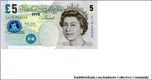 HRH New Portrait series E
Merlyn Lowther 1999-2003
May 2002
Replacement note
£5 Mainly Blue
Rev Elizabeth Fry
Metal security Thread
Watermarked with a Queens Head Banknote