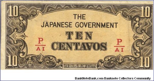 PI-104b Philippine 10 centavos note under Japan rule, fractional block letters P/AI. Banknote