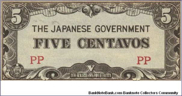 PI-103 Philippine 5 centavos note under Japan rule, block letters PP. Banknote