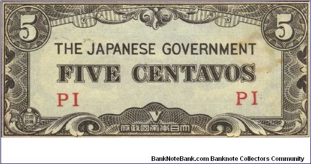 PI-103a Philippine 5 centavos note under Japan rule, block letters PI. Banknote