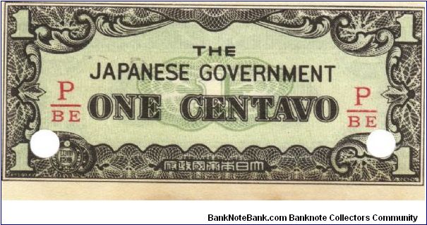 PI-102b Philippine 1 centavos note under Japan rule, fractional block letters P/BE. Banknote