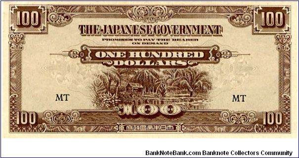 Malaya Japanese Occupation Currency 1942/45
$100 Brown
Front Hut by river
Rev Native with Oxen
Watermark Value in oval Banknote