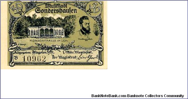 Germany Unknown 
50pf green
Front music hall & Max ?rdmannsdorfe? 1871
Rev £ unknown Men possibly princes of Schwarzburg principalities Banknote