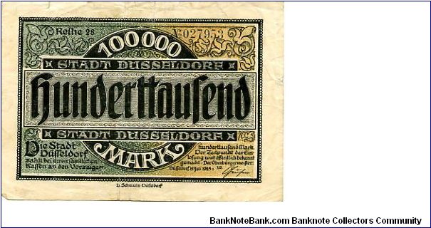 Germany
Dusseldorf Notgeld 15 Jul 1923
1000000M Green/Black/Tan
Front scrollwork with value in central cachet
Rev Value top & bottom State name in the center
Watermark Yes Banknote