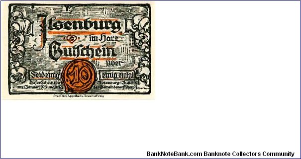 Germany 
Jlsenburg 13 Jun 1921
10pf Black/Orange
Front Scrolls down each side text in center & Value in orange cachet bottom center
Rev Elf's above wreaths with values in at each end Building in center Banknote