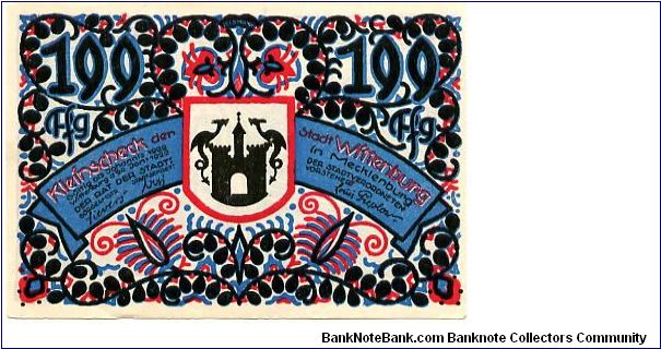 Germany 
Wittenburg 20 Jan 1922
199pf Blue/Red/Black
Front Flowery Scrolling, Town Arms in Center
Rev Ghostly Knight above rock with Cross on it Banknote