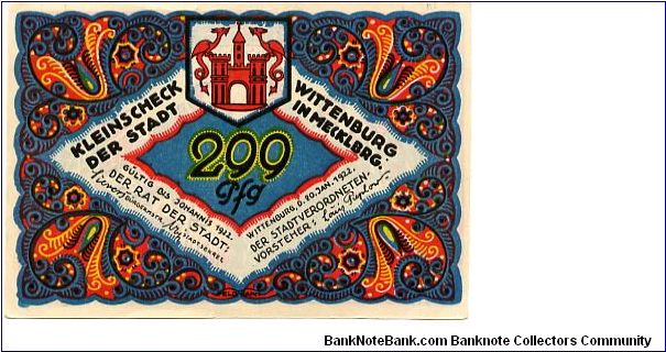 Germany 
Wittenburg 20 Jan 1922
299pf Multicolour
Front Flowery Scrolling, Town Arms in Center
Rev Comic Scene with a man loosing his trousers Banknote