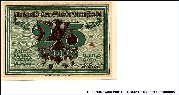 Germany 
Arnstadt Notgeld 1921
25pf Green/Red?Black
Front Value/Eagle/Date
Rev Johann Sebastian Bach Banknote