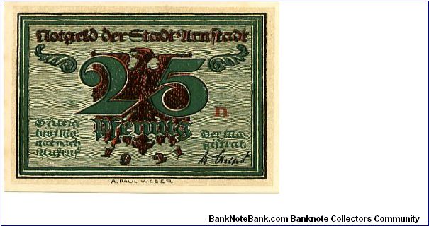Germany 
Arnstadt Notgeld 1921
25pf Green/Red?Black
Front Value/Eagle/Date
Rev Willibald Alexis Banknote